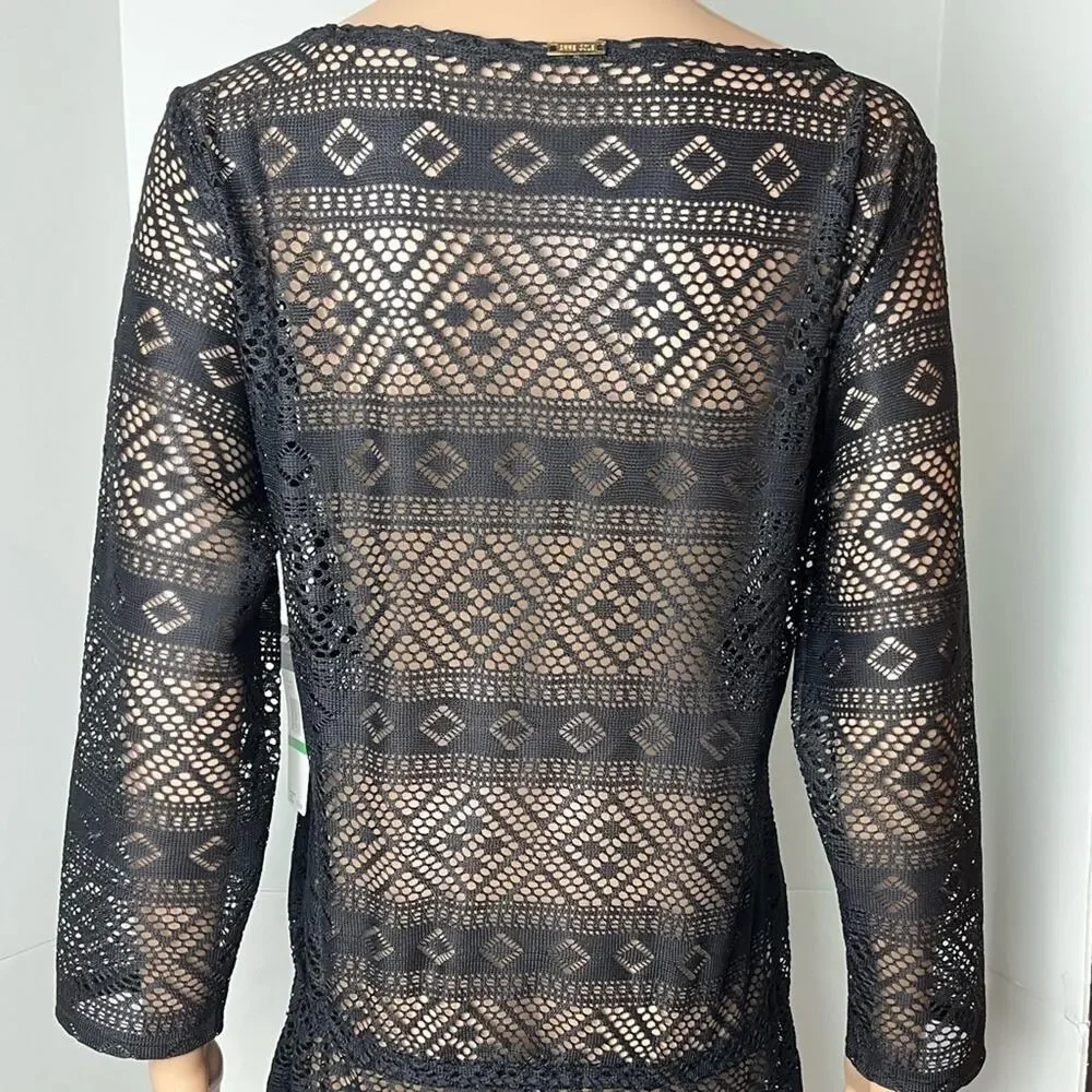 New Anne Cole Black Lace Long Sleeve Crochet Cinch Waist Swimsuit Coverup